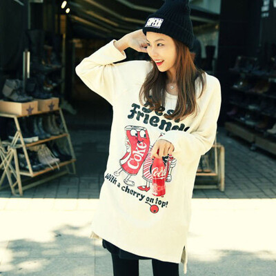 秋装新款 韩版女装大码宽松长款可乐瓶图案插肩袖长袖T恤