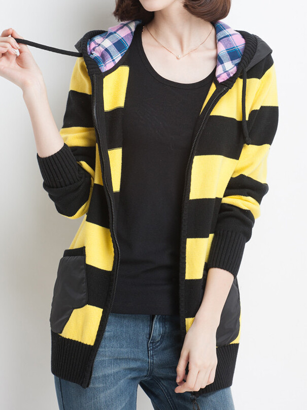 秋冬新款韩版撞色长袖连帽拉链针织衫宽松大码显瘦淑女毛衣外套潮