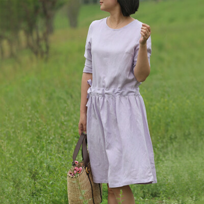 原创棉麻女装夏秋复古森系连衣裙 马卡龙纯色学院风气质长裙