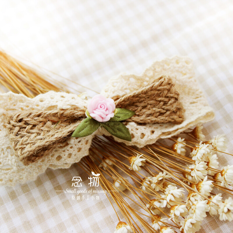 定制 原创手工森女系蕾丝棉麻粗麻绳粘土玫瑰蝴蝶结发夹头饰满百包邮