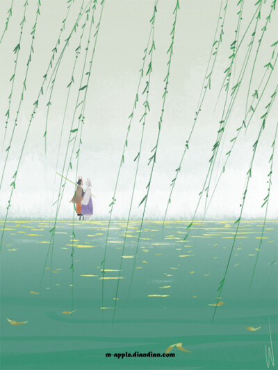 pixiv,插画,手绘,Green,Boys,二次元,狐面,温暖,Apple