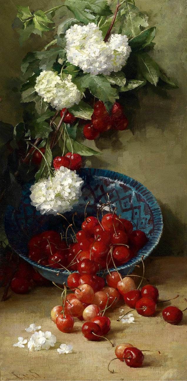 bowl of cherries with white flowers, painting, levkonoe