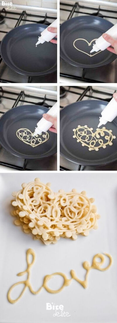 DIY: Make your pancakes into any design or pattern using an empty squeeze bottle!-So Genius.