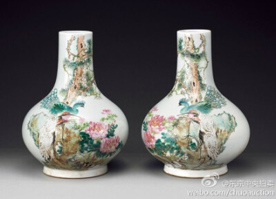 #2014東京中央9月秋季拍賣精賞#【古玩珍藏】Lot. 1979 清晚期 淺絳彩花鳥紋荸薺瓶一對 “馬慶雲畫雅瓷”款 H:35cm×2 【预展：9 / 3 (星期三) 10:00 - 19:00 ；9 / 4 (星期四) 10:00 - 17:00 ；拍卖：9月6日 (周五) …