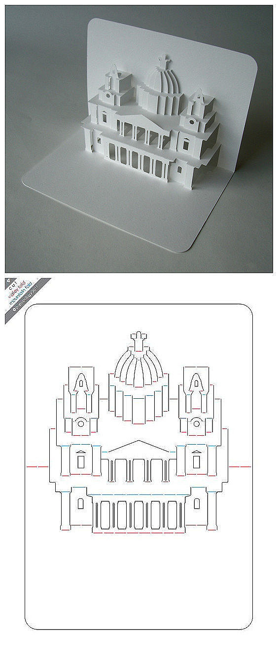 【立体卡片】圣保罗教堂 把它打印出来，用美工刀按实线割虚线就折 （先按图上的画下来，黑的要刻，红的，蓝的和虚线都是要折的，不能刻，再看一下图上是怎么折的就好）【阿画】