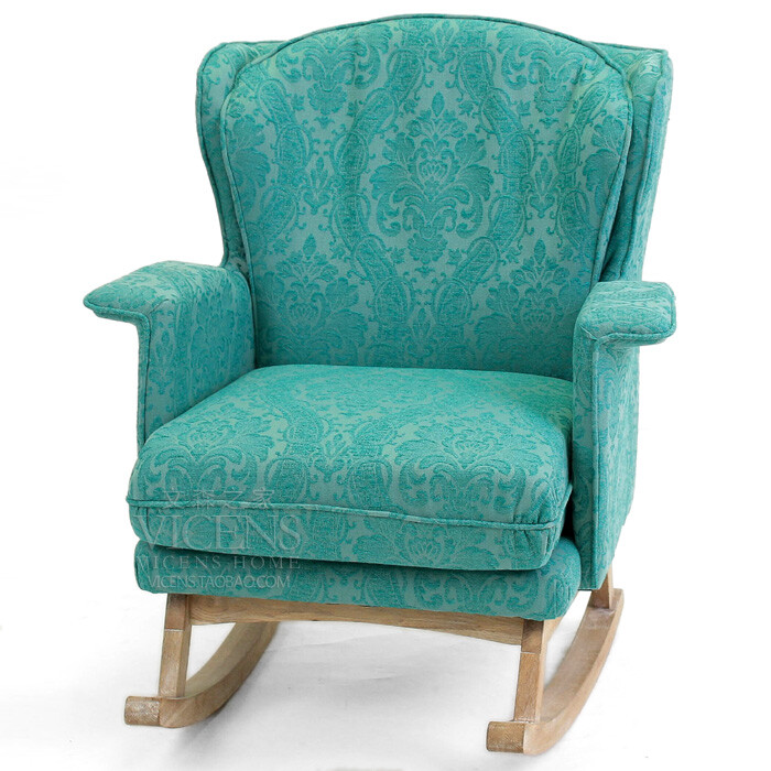 法式美式乡村风格摇椅复古橡木清新蓝色提花时尚布艺休闲沙发椅子