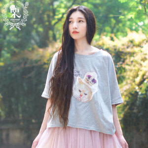 DEAR栗原创甜美可爱猫咪拼接宽松蝙蝠袖圆领日系森女系上衣T恤夏