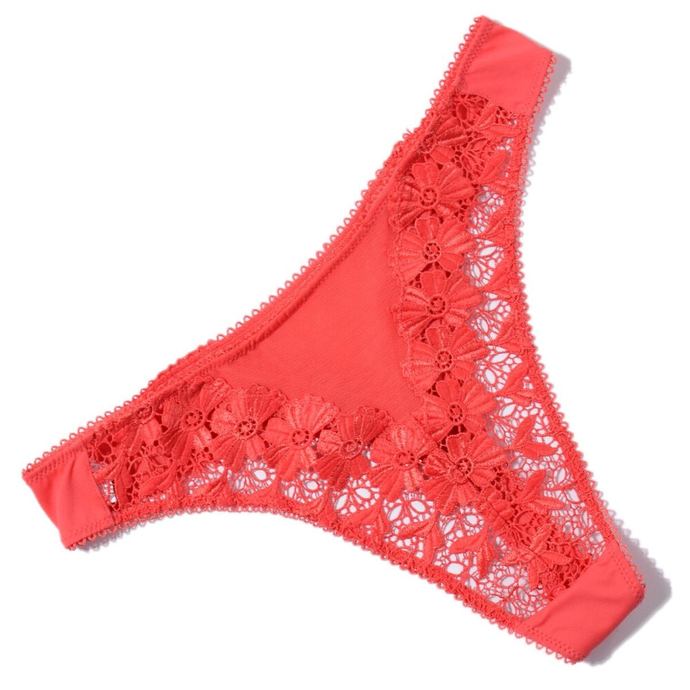 欧美精品大红色丁字裤 半透明绣花性感t裤 中腰女士镂空诱惑内裤