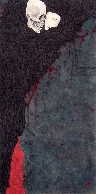 Takato Yamamoto's Death and the Maiden. Death grim reaper Father Time scythe maiden girl woman dance danse macabre skull skeleton