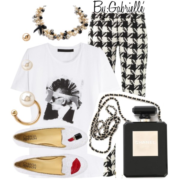 A fashion look from April 2014 featuring Karl Lagerfeld t-shirts, Balmain pants and Chiara Ferragni loafers. Browse and shop related looks.