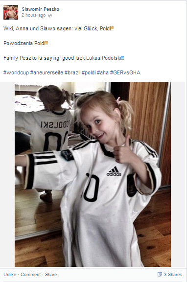 The Daughter of Peszko is wearing Podolskis jersey today. Peszko is a former colleague of Podolski. Peszko is also nationalplayer for poland. He and his family wish Podolski much succes for the match.…