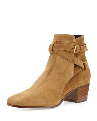 Low-Heel Suede Ankle-Strap Bootie