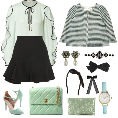 A fashion look from April 2014 featuring Emilio Pucci blouses, Goat cardigans and Victoria Beckham mini skirts. Browse and shop related looks.