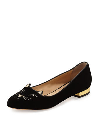 Kitty Velvet Cat-Embroidered Flat,Black/Gold