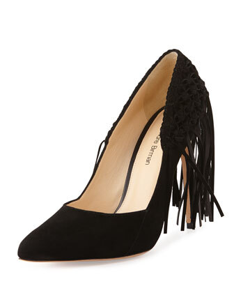 Alexandre Birman Suede Mesh Fringe Point-Toe Pump,Black