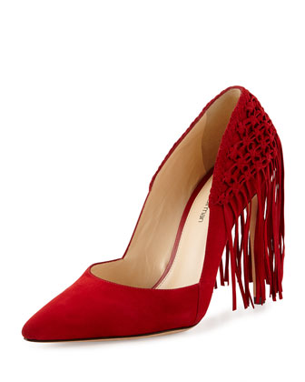 Alexandre Birman Suede Mesh Fringe Point-Toe Pump,Scarlet