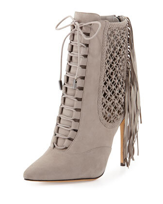 Alexandre Birman Suede Fringe Lace-Up Point-Toe Ankle Bootie,Gray