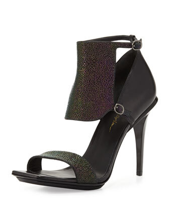 Aurora Stingray-Print Leather Sandal,PETROL/BLACK