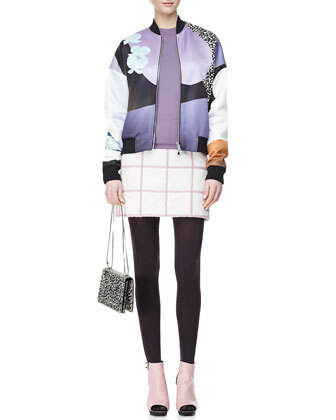 Dropped-Shoulder Printed Bomber Jacket,Arc Line Long-Sleeve Top &amp;amp; Grid Miniskirt