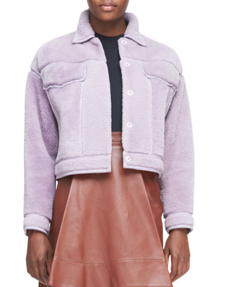 Shearling Denim-Style Jacket,Arc-Line Top &amp;amp; Leather Round-Fold Skirt