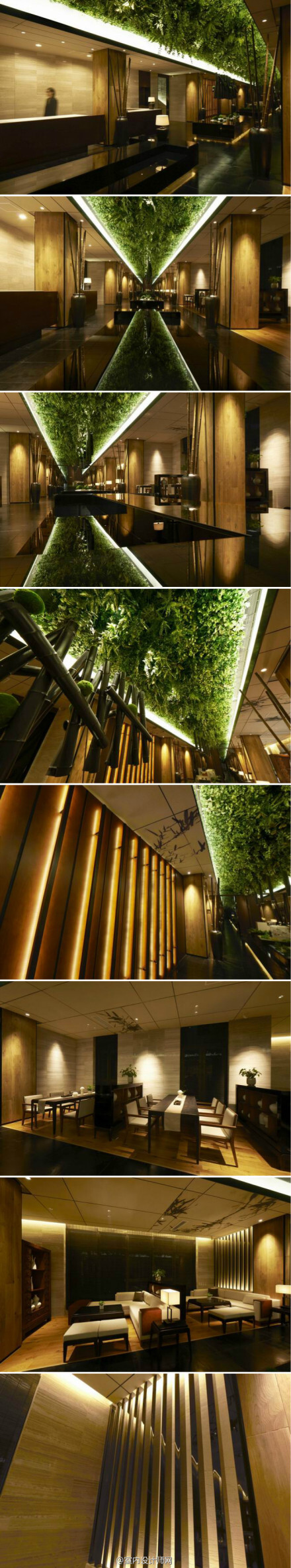 #小世界，大设计# 无锡一处休息室，来自@胜木知宽-PRISM设计 ，将梦幻的镜面反射，日式的视觉美感和无锡的文化“竹，石，布”等元素进行融合，一条贯穿空间的绿色植物带让人十分的惊艳！