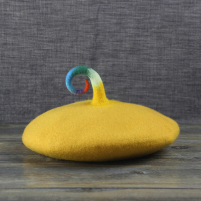 原创热销手工羊毛毡贝雷帽画家帽黄色彩虹渐变精灵帽创意礼物