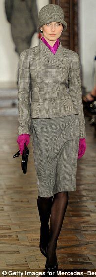 Ralph Lauren ~ 2012 collection. Lovely Gray tweed jacket &amp;amp; skirt with cloche hat. Brilliant purple scarf and matching gloves add a dash of sass. Very British feel to it.