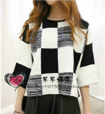 2014秋装新款黑白格子外套套头毛衣女韩版宽松短款针织上衣