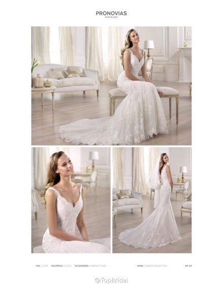 #Pronovias#飘逸轻柔的嫁纱，带着一丝的梦幻，优雅的多层蕾丝衬托浪漫的氛围。#Top Bridal#