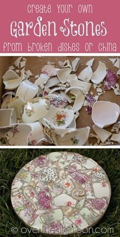 Make beautiful garden stepping stones from broken pieces of china. Makes me wanna break some china!