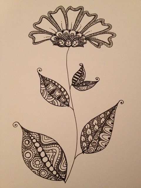 Zentangle doodle flower with leaves. Inspired by an Art Deco pattern on an antique vase I came across in Pinterest.