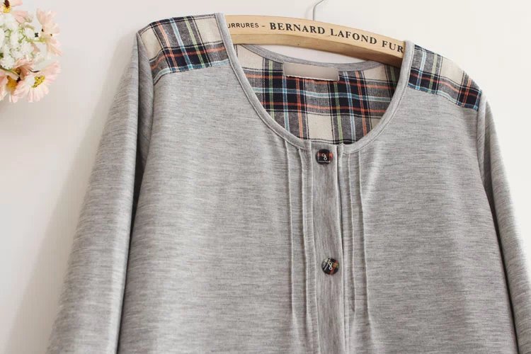 森系文艺连衣裙 拼接棉布方块开衫圆领长袖连衣裙