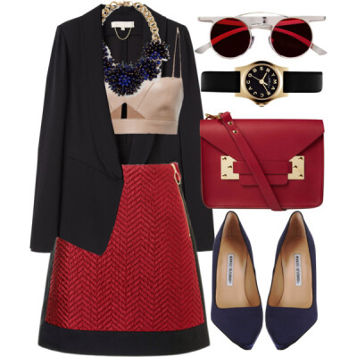 A fashion look from September 2013 featuring Vanessa Bruno blazers, Opening Ceremony mini skirts and Salvatore Ferragamo bras. Browse and shop related looks.
