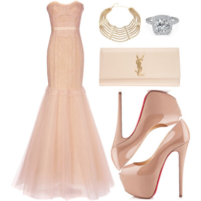 A fashion look from October 2013 featuring Marchesa gowns, Christian Louboutin pumps and Yves Saint Laurent clutches. Browse and shop related looks.