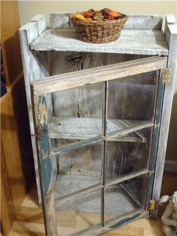 Repurposing old windows with old barn wood to make a little cabinet. {she-s-crafty} This will be a good project when the girls are bigger and won't fall through it. :)