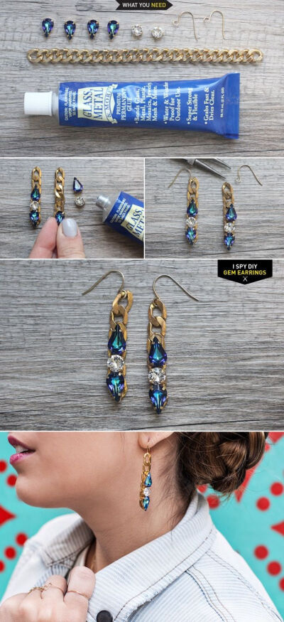 Swarovski gem and chain earrings -- 16 Chic DIY Projects -- http://ispydiy.com/my-diy-gem-earrings/