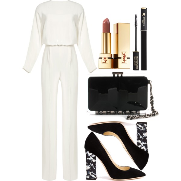 A fashion look from May 2014 featuring Valentino jumpsuits, Pollini pumps and Chanel clutches. Browse and shop related looks.