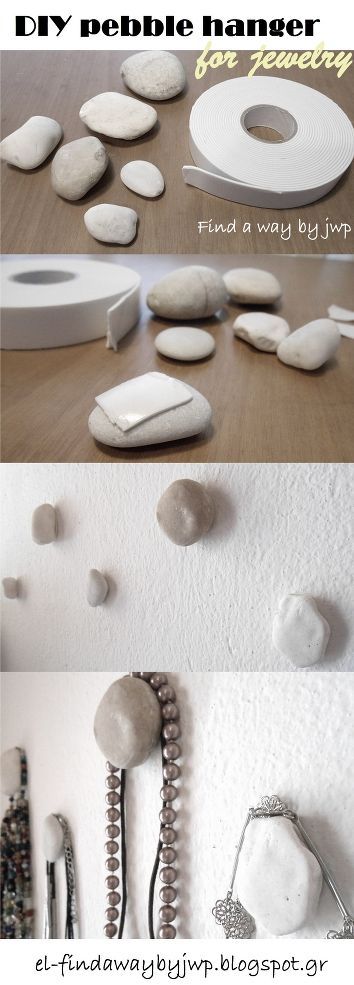 DIY Pebble Hangers for whatever the hell you want, or just decoration. Either way it looks awesome. For heavier objects, or a more secure hold use command strips, or earthquake tape. Tried&amp;amp;Tes…