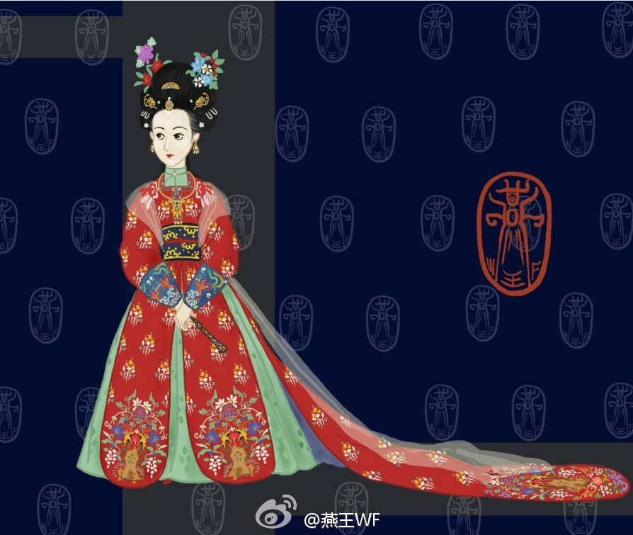  18世纪的宫廷女吉服袍，女吉服袍是由慈庆太后（1660——1742）发明并且设立的制度，用于一般是在宫里上班的御前女官和有品级的夫人们和小姐们进宫觐见，出席宴会等仪式穿的一种次礼服。袍色一般有红 绯红 蓝 绿 棕，纹样一般是四季花卉飞禽等。