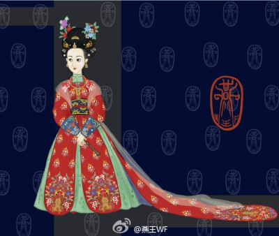  18世纪的宫廷女吉服袍，女吉服袍是由慈庆太后（1660——1742）发明并且设立的制度，用于一般是在宫里上班的御前女官和有品级的夫人们和小姐们进宫觐见，出席宴会等仪式穿的一种次礼服。袍色一般有红 绯红 蓝 绿 棕…