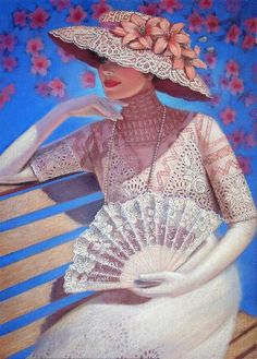 Romantic Victorian fashion lady portrait art original painting, white lace fan hat flowers &amp;amp; blue sky.