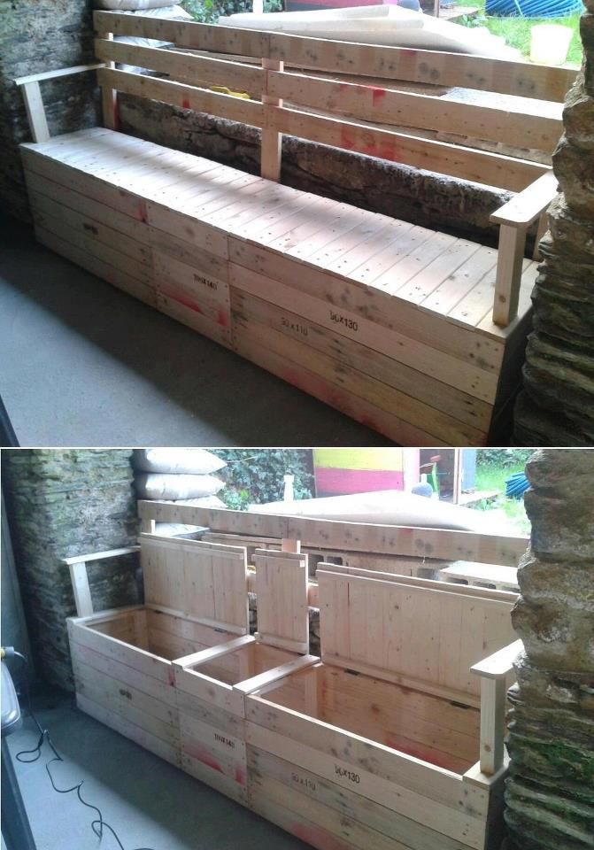 Pallet bench- without the back rest. For the Laundry room to put under coat hangers... different compartments for hats, mittens and scarfs! Honey... Do?