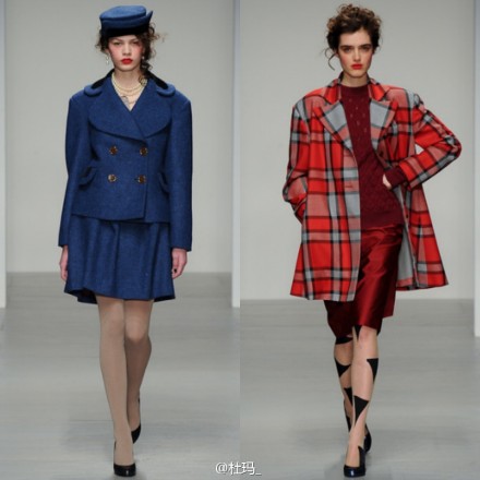 Vivienne Westwood Red Label 2014年秋冬成衣展 ｜设计灵感来源于Vivienne Westwood自己上世纪二战后的童年，每一件鸡尾酒礼服、大衣的设计与剪裁都似乎在追忆那个特殊的年代。红唇和珍珠虽不单单只属于那个年代，但却给复古怀旧的设计一丝可呼吸的气质，整体现代感瞬间被提升起来。