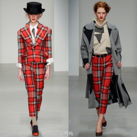 Vivienne Westwood Red Label 2014年秋冬成衣展 ｜设计灵感来源于Vivienne Westwood自己上世纪二战后的童年，每一件鸡尾酒礼服、大衣的设计与剪裁都似乎在追忆那个特殊的年代。红唇和珍珠虽不单单只属于那个年代，但却给复古怀旧的设计一丝可呼吸的气质，整体现代感瞬间被提升起来。