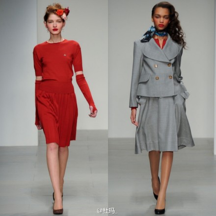 Vivienne Westwood Red Label 2014年秋冬成衣展 ｜设计灵感来源于Vivienne Westwood自己上世纪二战后的童年，每一件鸡尾酒礼服、大衣的设计与剪裁都似乎在追忆那个特殊的年代。红唇和珍珠虽不单单只属于那个年代，但却给复古怀旧的设计一丝可呼吸的气质，整体现代感瞬间被提升起来。