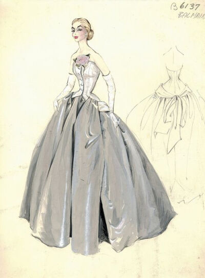 Evening gown sketch by Balmain for Bergdorf Goodman, 1950s.