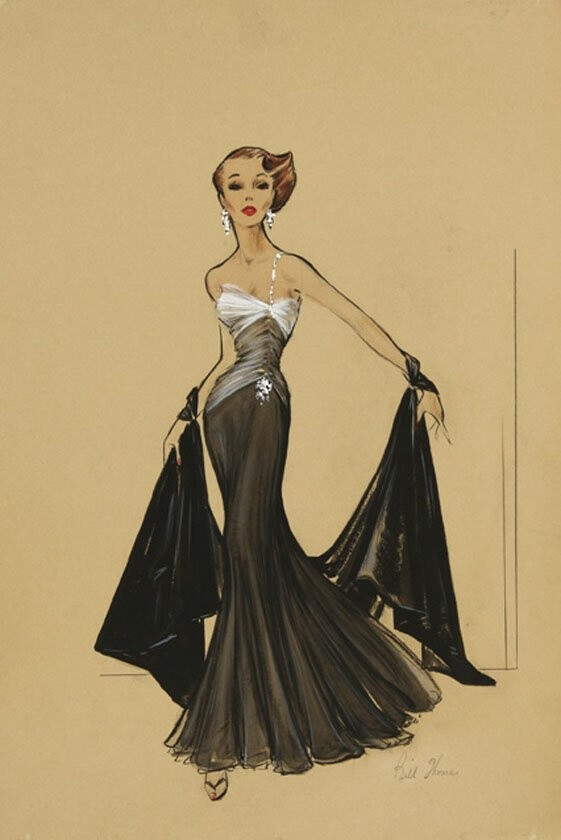 Bill Thomas original signed high fashion costume design sketches (colored pencil &amp;amp; gouache) for an unidentified production