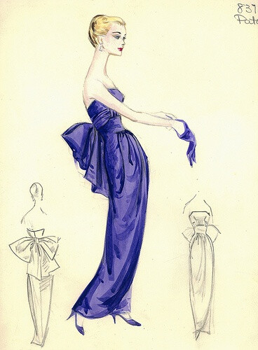 Patou evening gown. Lavender blue strapless evening gown with boned bodice, narrow skirt and large bow at back.