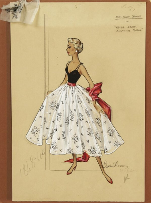 Bill Thomas costume design sketch in gouache &amp;amp; pencil for Shirley Jones as Linda Cabot in Never Steal Anything Small