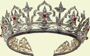 The Oriental Circlet ~ 1853. Made of diamonds, rubies, gold. Made for Queen Victoria ~ The inspiration for the design of this tiara, which includes ‘Moghul’ arches framing lotus flowers, came from Prince Albert who had been greatly impressed by the Indian jewels presented to the Queen.